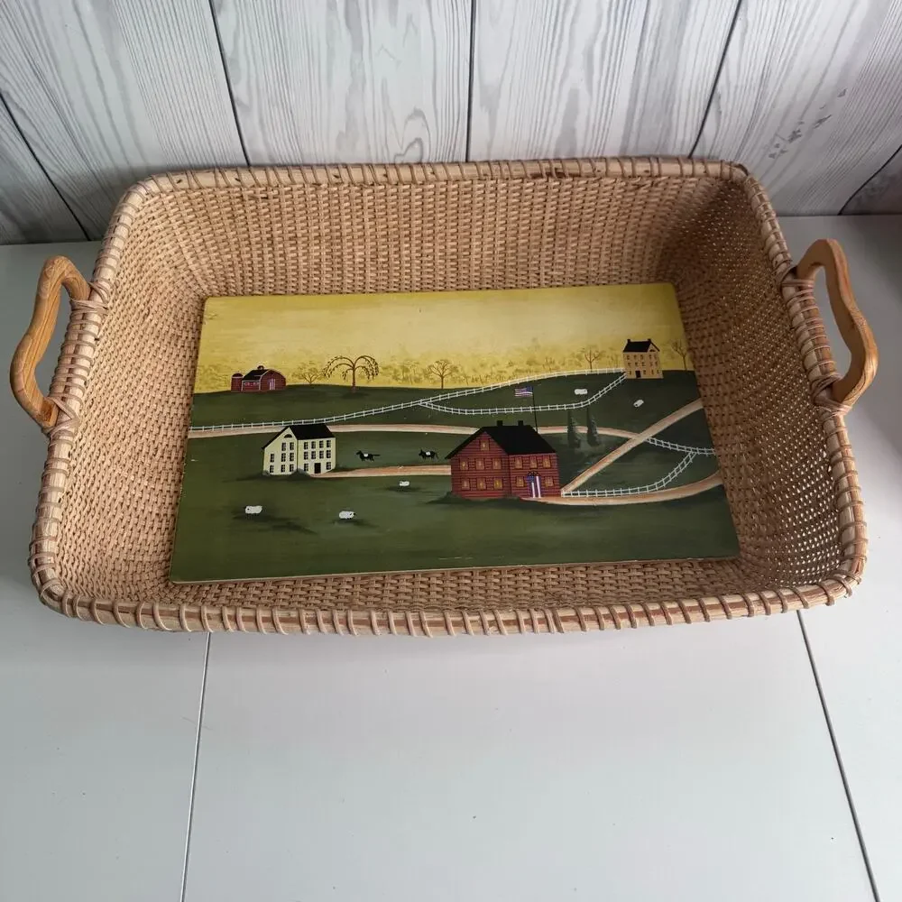 Vtg Nantucket Basket Large Rectangular Tray Hand Painted Wood Country